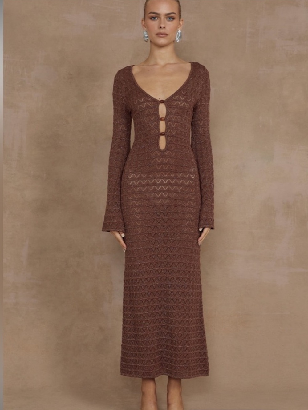 Runway Brown Knit Long-Sleeve Maxi Swim Coverup with Front Ring Details